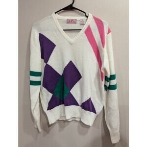 Vintage white w/purple pink & green abstract pattern knit sweater, Aurea size M